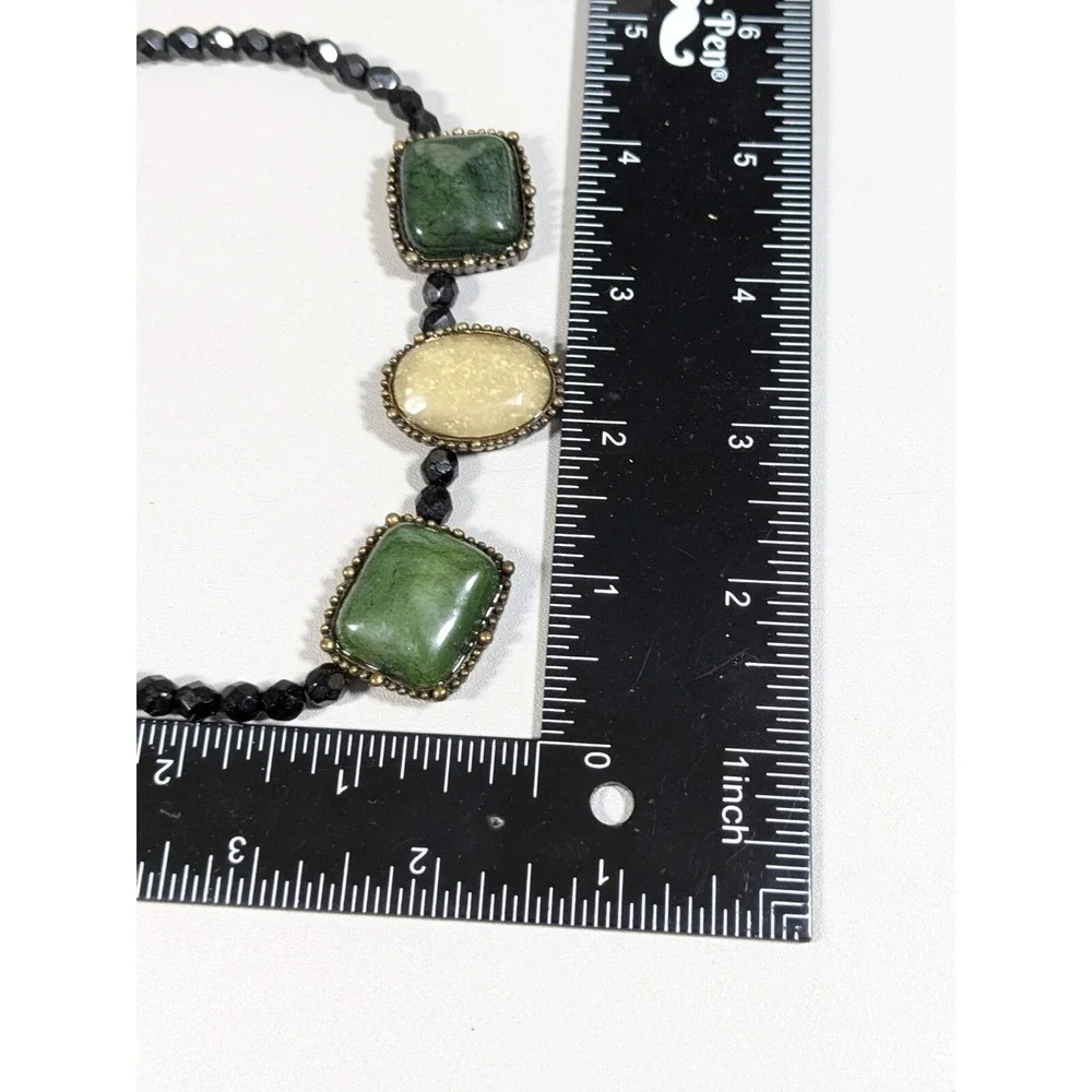 Black Glass Bead green Ivory Color Acrylic Square Oval Cabochon Necklace 16.5 in